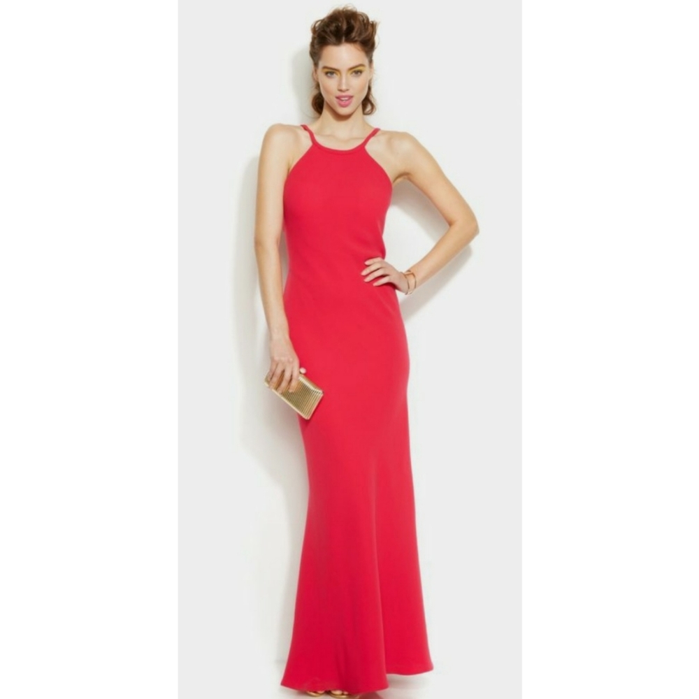 Calvin Klein Open Back Crepe Halter Gown